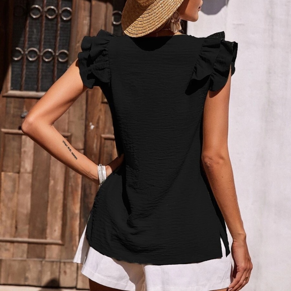 Boho Black Solid Ruffle Sleeve Top - Picture 6 of 7
